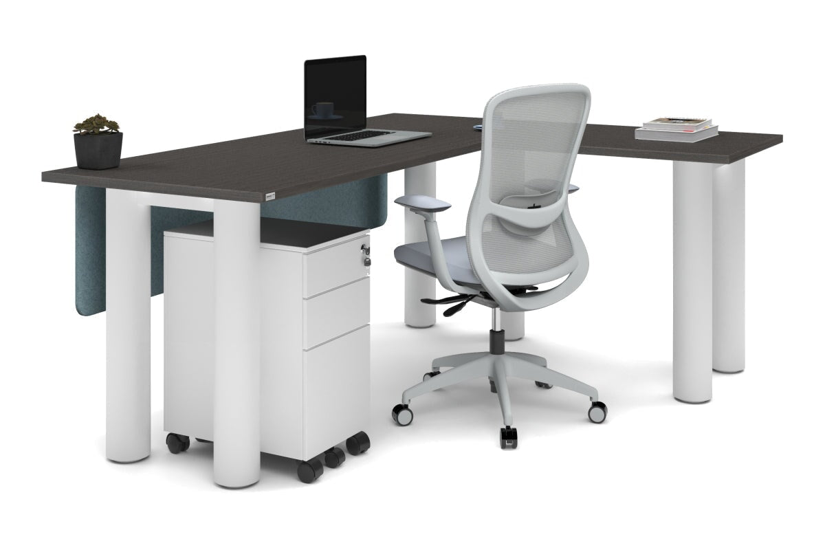 Quadro Cylinder Leg - L Shaped Corner Office Desk  [1800L x 1700W]-black leg dark oak metal modesty panel