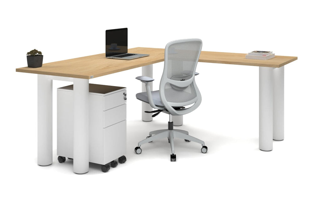 Quadro Cylinder Leg - L Shaped Corner Office Desk  [1800L x 1700W]-black leg dark oak metal modesty panel