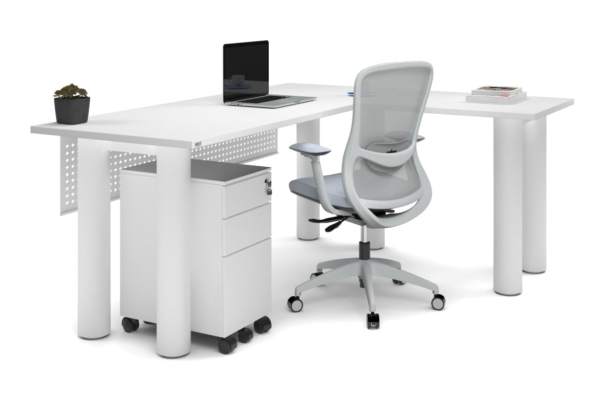 Quadro Cylinder Leg - L Shaped Corner Office Desk  [1800L x 1700W]-black leg dark oak metal modesty panel
