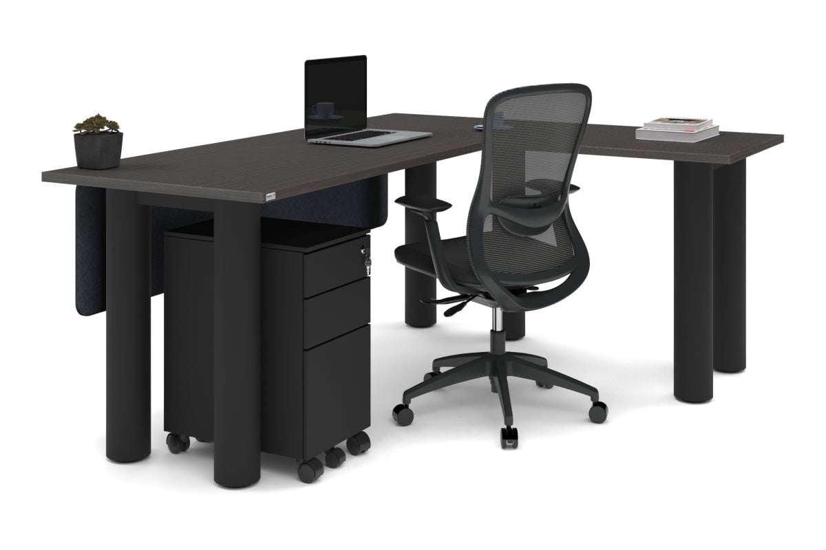 Quadro Cylinder Leg - L Shaped Corner Office Desk  [1800L x 1700W]-black leg dark oak metal modesty panel