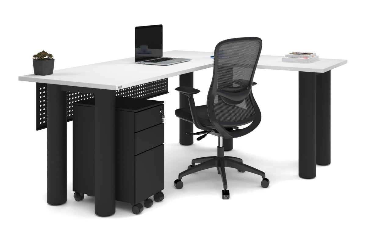 Quadro Cylinder Leg - L Shaped Corner Office Desk  [1800L x 1700W]-black leg dark oak metal modesty panel