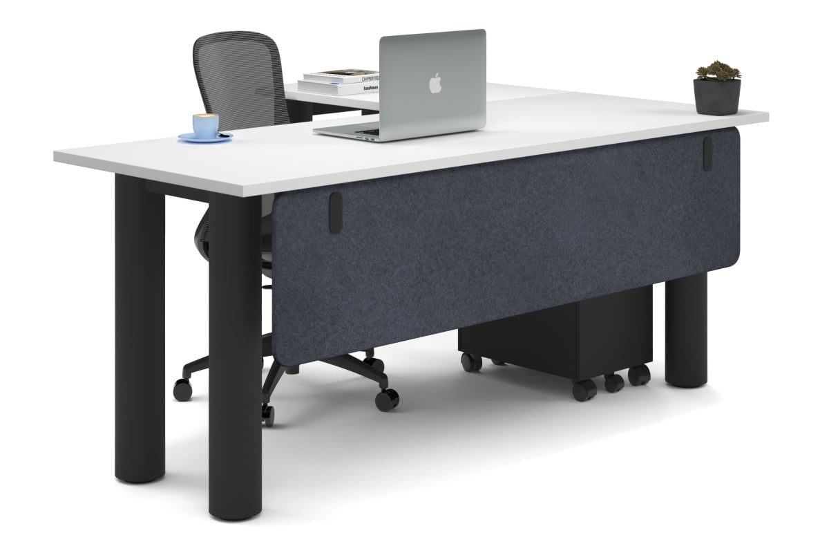 Quadro Cylinder Leg - L Shaped Corner Office Desk  [1800L x 1700W]-black leg white dark grey acoustic modesty panel (350H x 1600W)