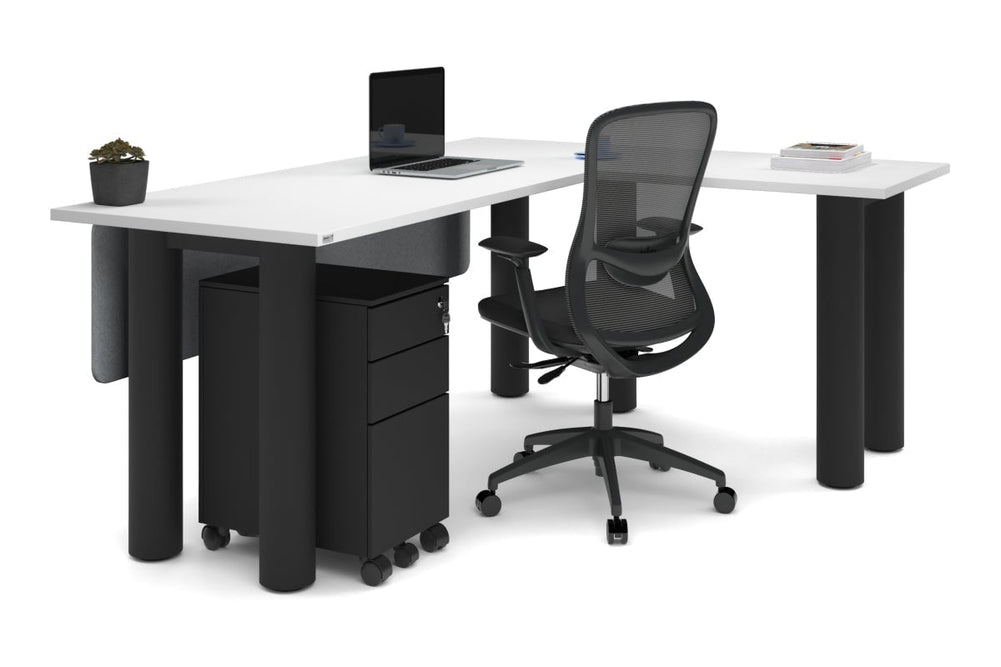 Quadro Cylinder Leg - L Shaped Corner Office Desk  [1800L x 1700W]-black leg dark oak metal modesty panel