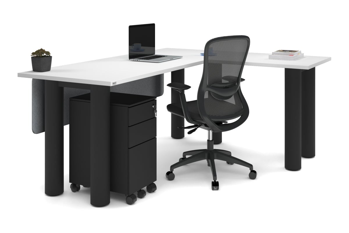 Quadro Cylinder Leg - L Shaped Corner Office Desk  [1800L x 1700W]-black leg dark oak metal modesty panel