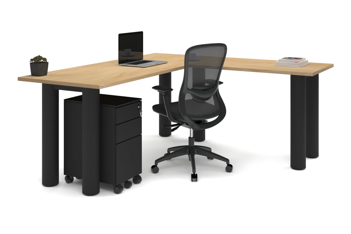Quadro Cylinder Leg - L Shaped Corner Office Desk  [1800L x 1700W]-black leg dark oak metal modesty panel
