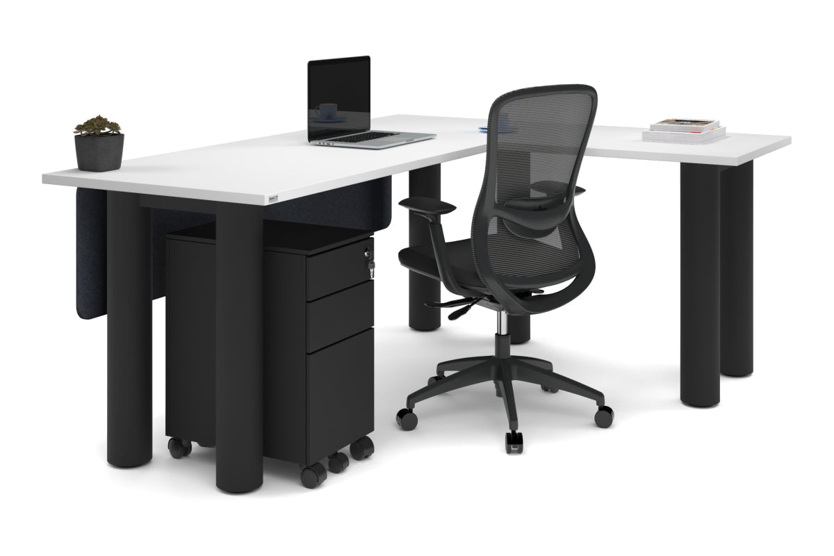 Quadro Cylinder Leg - L Shaped Corner Office Desk  [1800L x 1700W]-black leg dark oak metal modesty panel