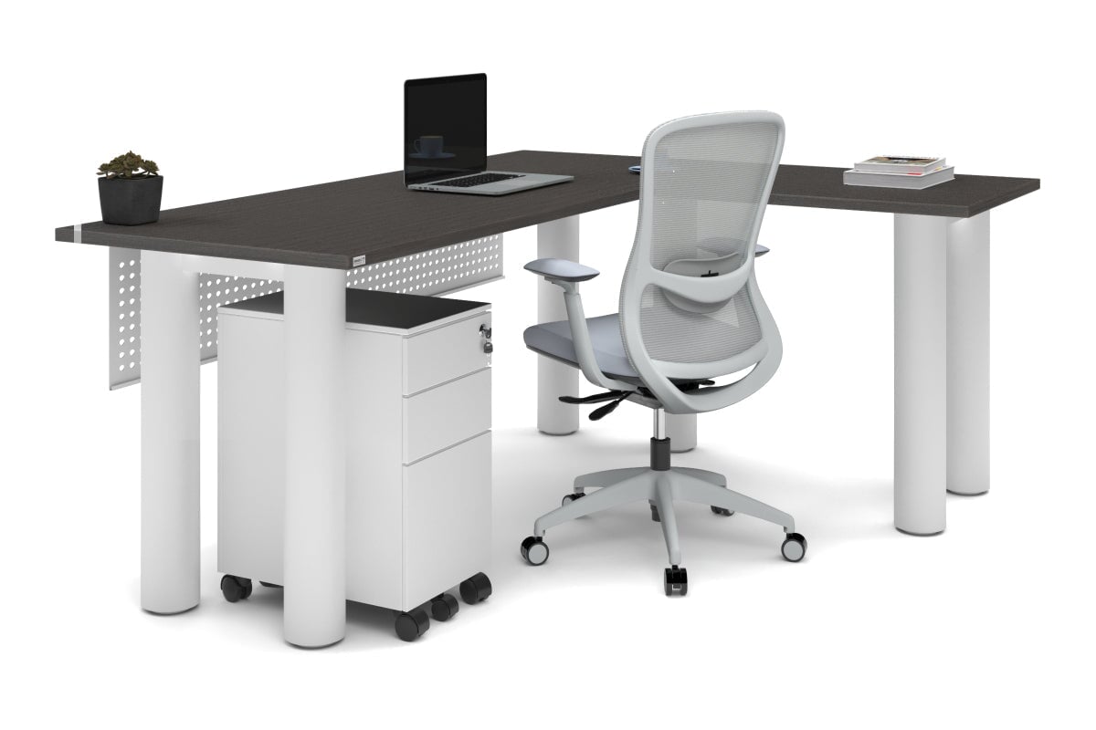 Quadro Cylinder Leg - L Shaped Corner Office Desk  [1800L x 1700W]-black leg dark oak metal modesty panel