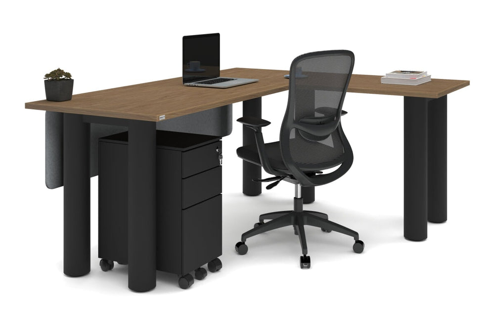 Quadro Cylinder Leg - L Shaped Corner Office Desk  [1800L x 1700W]-black leg dark oak metal modesty panel