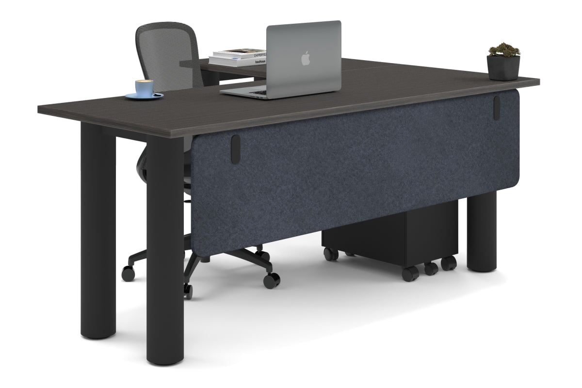 Quadro Cylinder Leg - L Shaped Corner Office Desk  [1800L x 1700W]-black leg dark oak dark grey acoustic modesty panel (350H x 1600W)