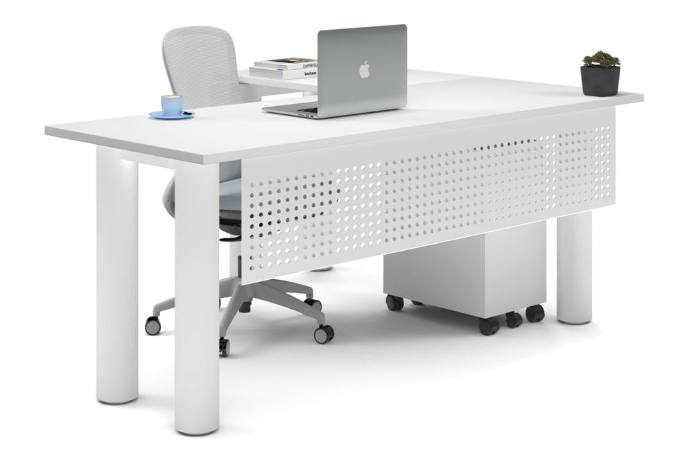 Quadro Cylinder Leg - L Shaped Corner Office Desk  [1800L x 1700W]-white leg white metal modesty panel