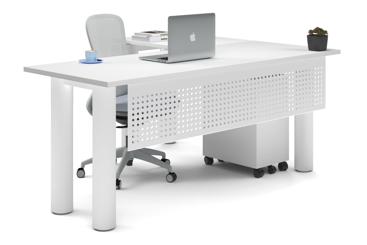 Quadro Cylinder Leg - L Shaped Corner Office Desk  [1800L x 1700W]-white leg white metal modesty panel