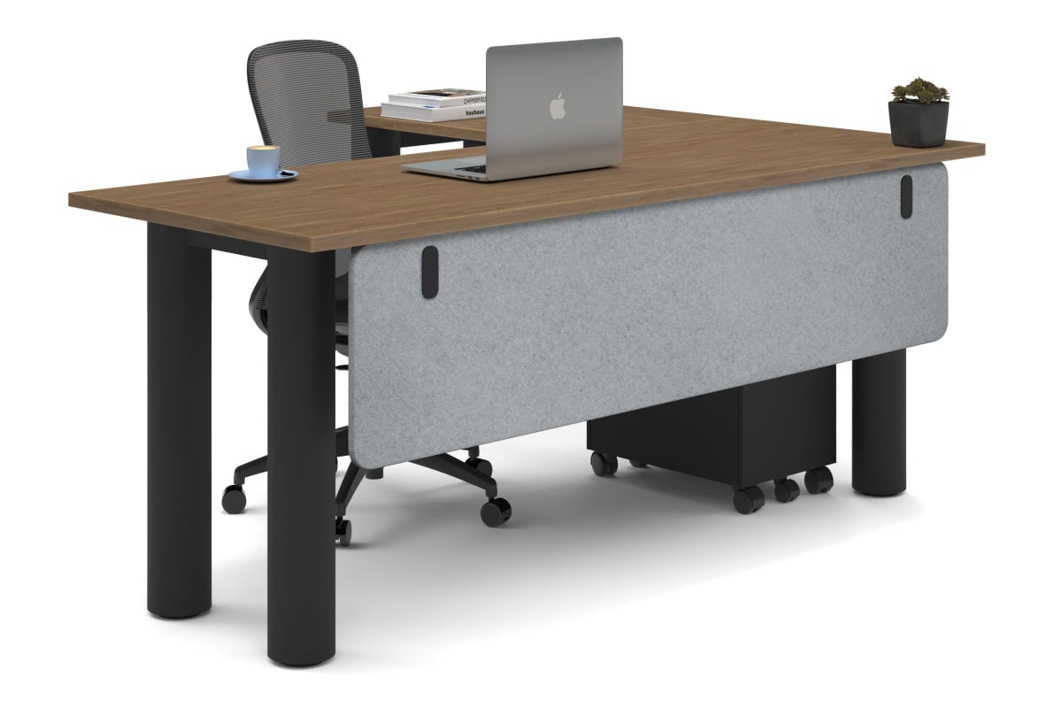 Quadro Cylinder Leg - L Shaped Corner Office Desk  [1800L x 1700W]-black leg salvage oak light grey acoustic modesty panel (350H x 1600W)
