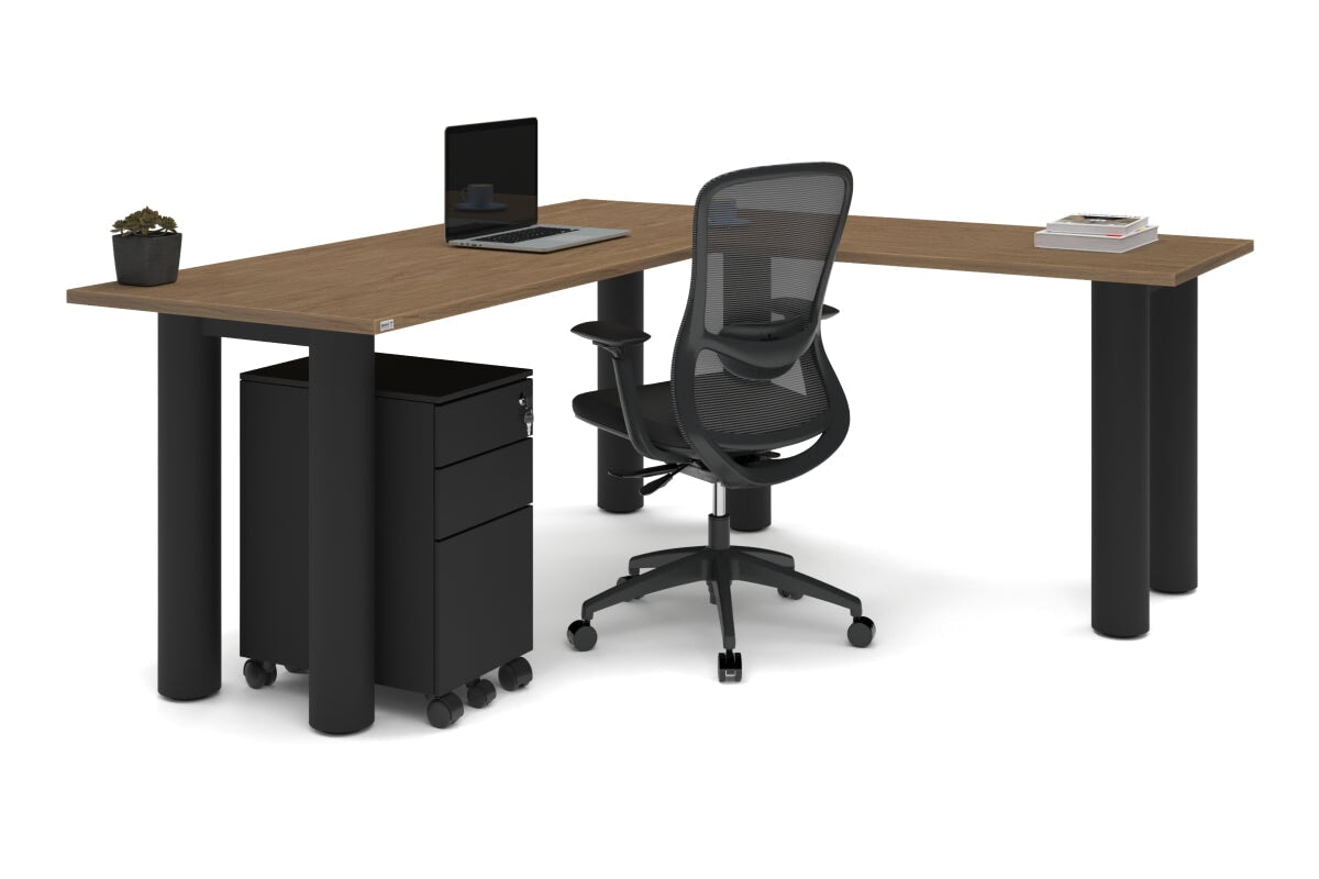 Quadro Cylinder Leg - L Shaped Corner Office Desk  [1800L x 1700W]-black leg dark oak metal modesty panel