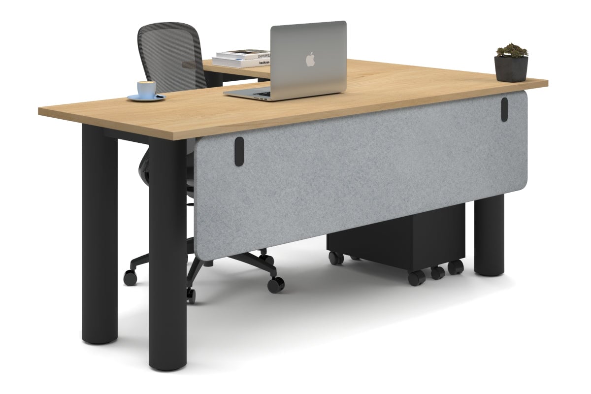 Quadro Cylinder Leg - L Shaped Corner Office Desk  [1800L x 1700W]-black leg maple light grey acoustic modesty panel (350H x 1600W)