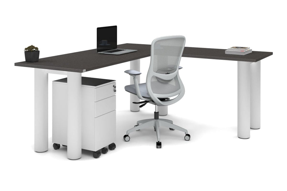 Quadro Cylinder Leg - L Shaped Corner Office Desk  [1800L x 1700W]-black leg dark oak metal modesty panel