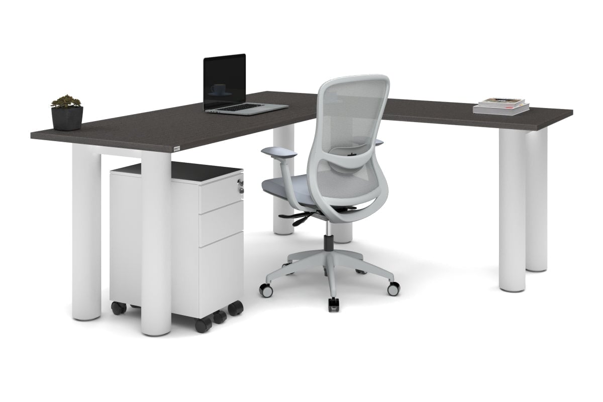 Quadro Cylinder Leg - L Shaped Corner Office Desk  [1800L x 1700W]-black leg dark oak metal modesty panel