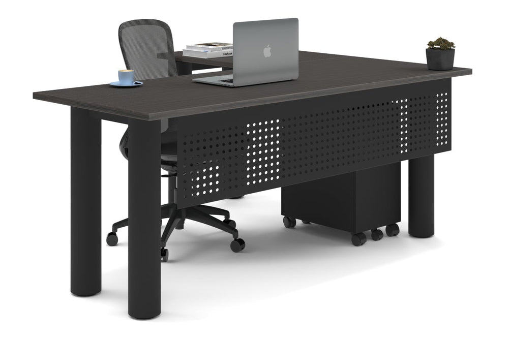 Quadro Cylinder Leg - L Shaped Corner Office Desk  [1800L x 1700W]-black leg dark oak metal modesty panel