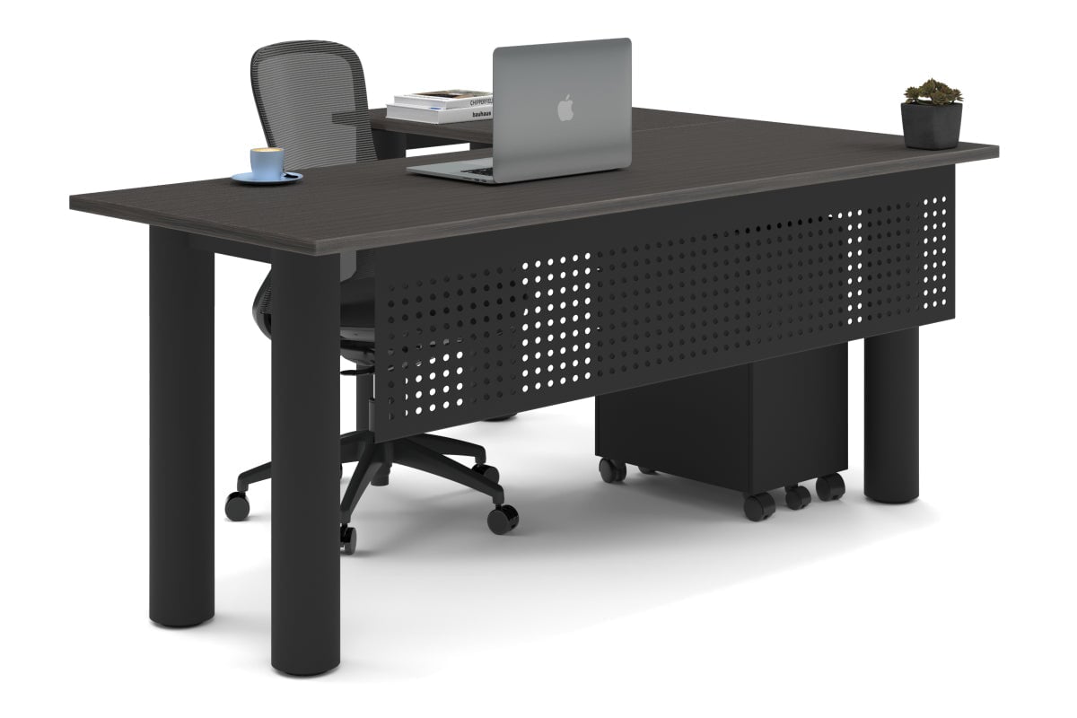 Quadro Cylinder Leg - L Shaped Corner Office Desk  [1800L x 1700W]-black leg dark oak metal modesty panel