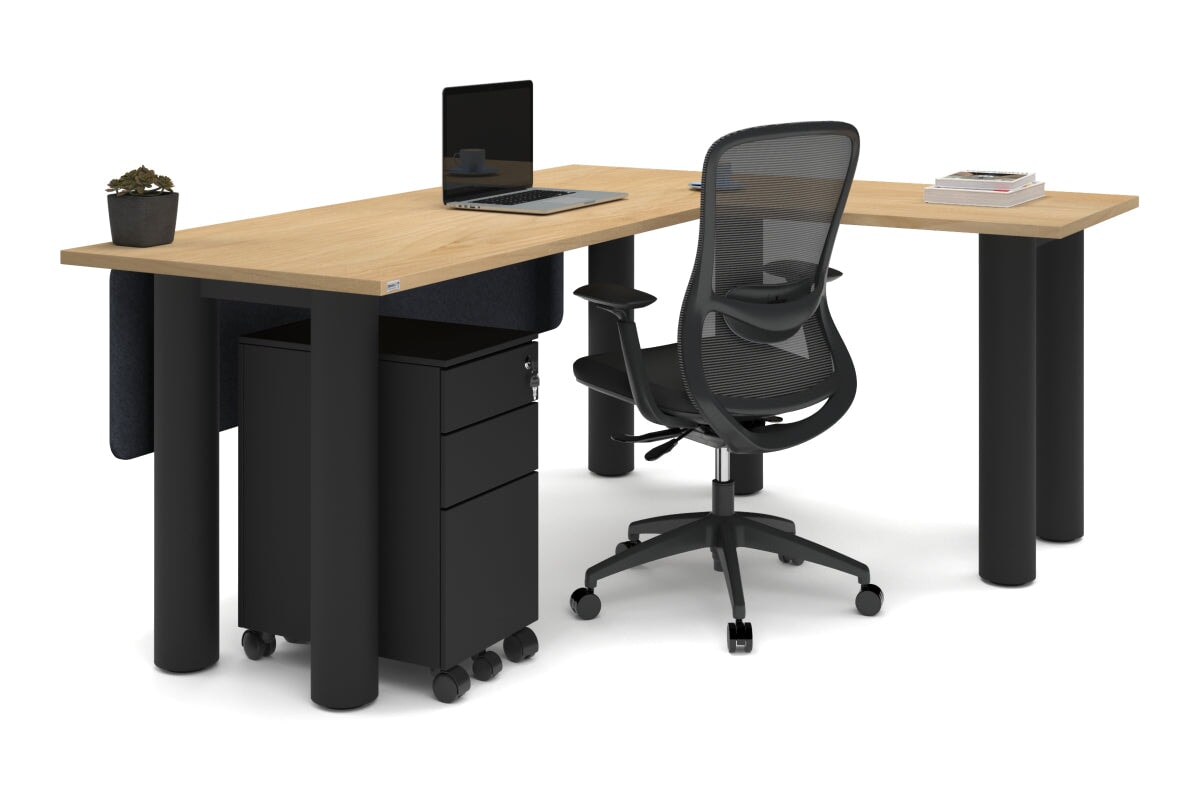 Quadro Cylinder Leg - L Shaped Corner Office Desk  [1800L x 1700W]-black leg dark oak metal modesty panel