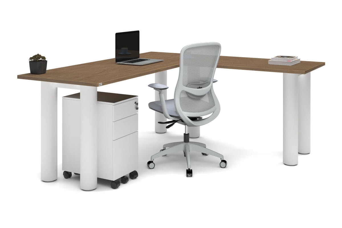 Quadro Cylinder Leg - L Shaped Corner Office Desk  [1800L x 1700W]-black leg dark oak metal modesty panel