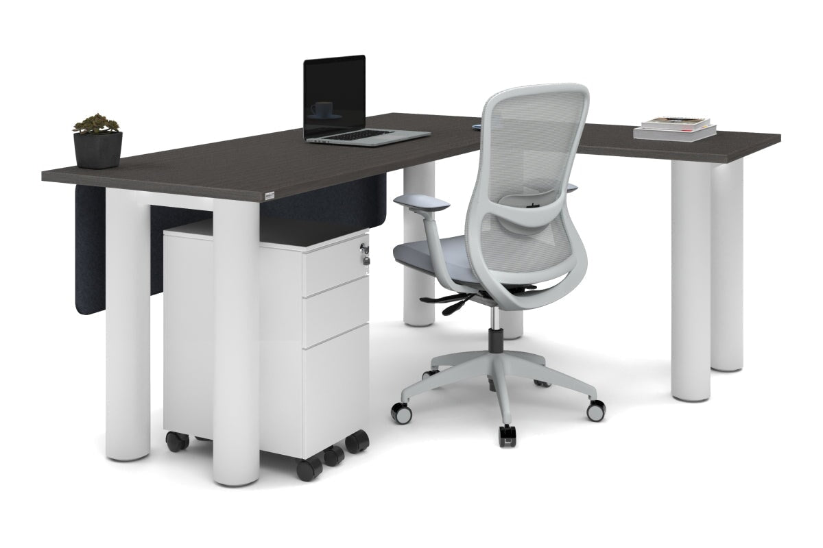 Quadro Cylinder Leg - L Shaped Corner Office Desk  [1800L x 1700W]-black leg dark oak metal modesty panel