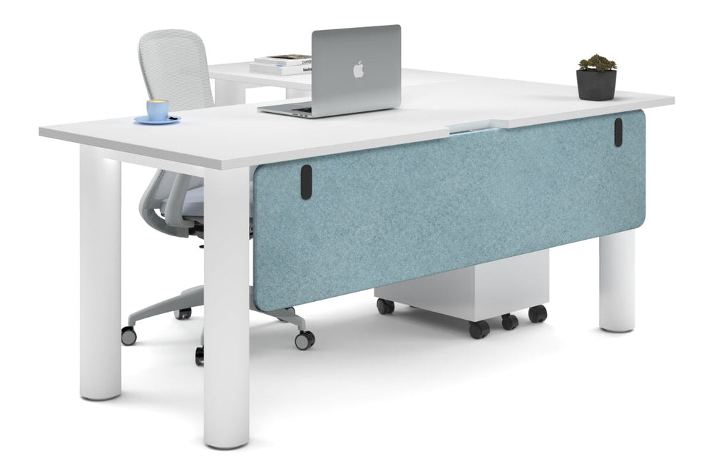 Quadro Cylinder Leg - L Shaped Corner Office Desk  [1800L x 1800W with Cable Scallop]-white leg white blue acoustic modesty panel (350H x 1600W)