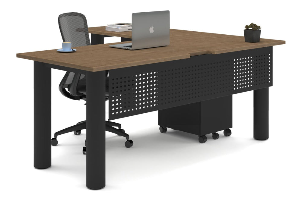 Quadro Cylinder Leg - L Shaped Corner Office Desk  [1800L x 1800W with Cable Scallop]-black leg salvage oak metal modesty panel