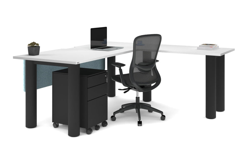 Quadro Cylinder Leg - L Shaped Corner Office Desk  [1800L x 1800W with Cable Scallop]-black leg dark oak metal modesty panel