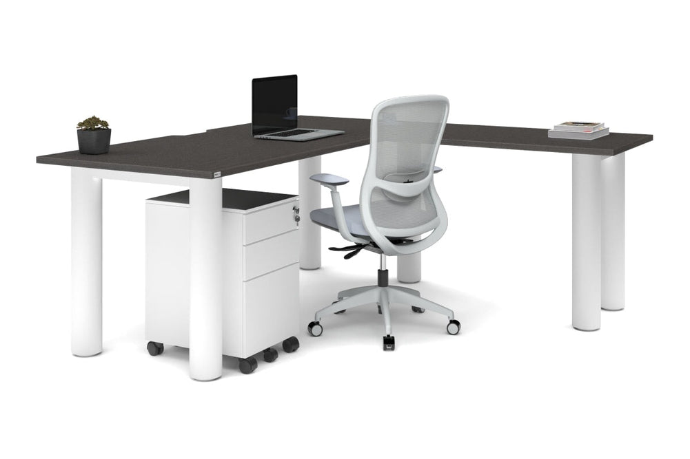 Quadro Cylinder Leg - L Shaped Corner Office Desk  [1800L x 1800W with Cable Scallop]-black leg dark oak metal modesty panel