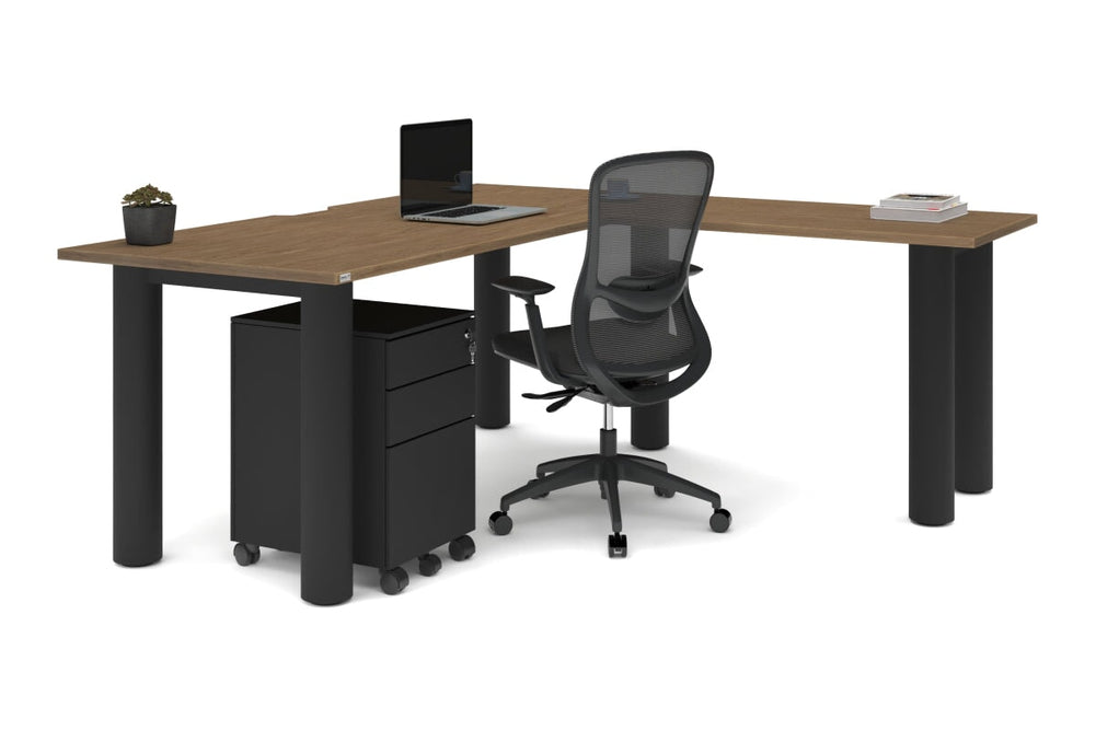 Quadro Cylinder Leg - L Shaped Corner Office Desk  [1800L x 1800W with Cable Scallop]-black leg dark oak metal modesty panel