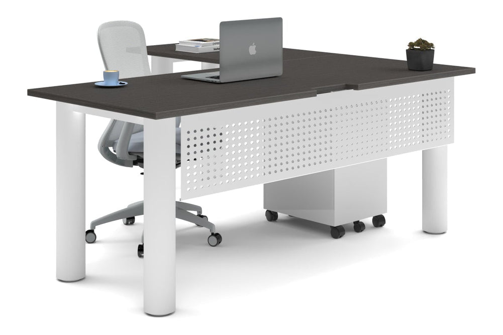 Quadro Cylinder Leg - L Shaped Corner Office Desk  [1800L x 1800W with Cable Scallop]-white leg dark oak metal modesty panel