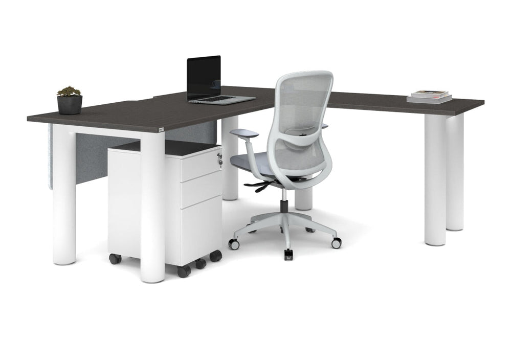 Quadro Cylinder Leg - L Shaped Corner Office Desk  [1800L x 1800W with Cable Scallop]-black leg dark oak metal modesty panel