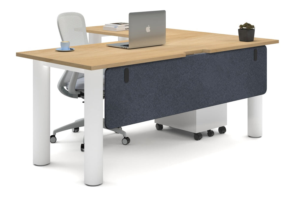 Quadro Cylinder Leg - L Shaped Corner Office Desk  [1800L x 1800W with Cable Scallop]-white leg maple dark grey acoustic modesty panel (350H x 1600W)