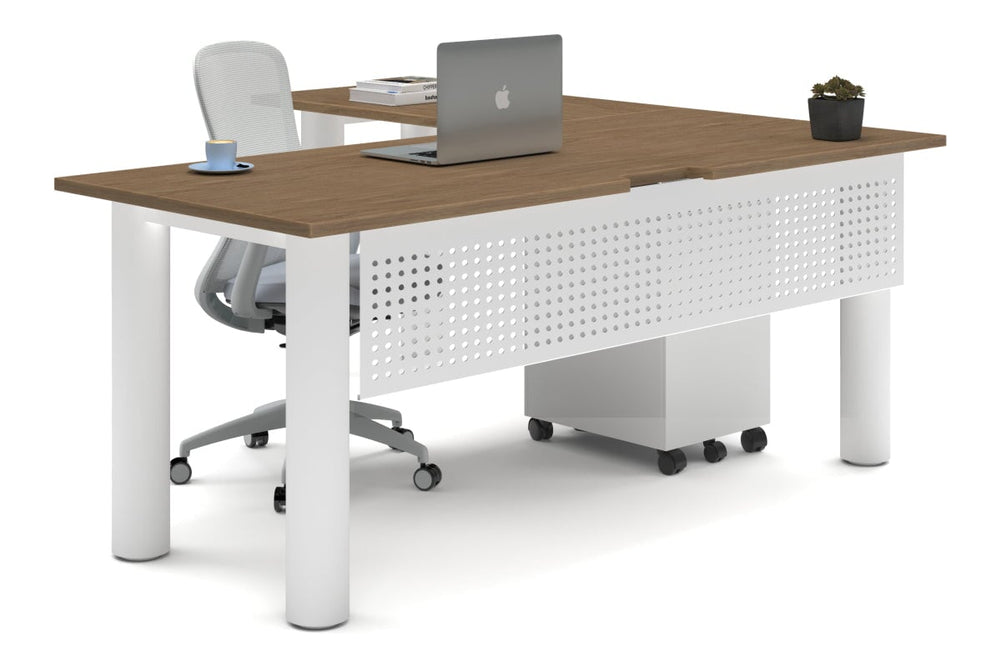 Quadro Cylinder Leg - L Shaped Corner Office Desk  [1800L x 1800W with Cable Scallop]-white leg salvage oak metal modesty panel
