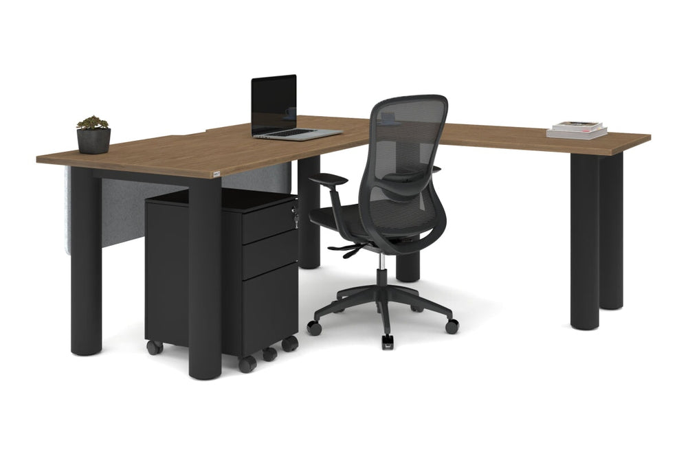 Quadro Cylinder Leg - L Shaped Corner Office Desk  [1800L x 1800W with Cable Scallop]-black leg dark oak metal modesty panel