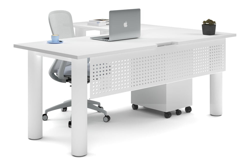 Quadro Cylinder Leg - L Shaped Corner Office Desk  [1800L x 1800W with Cable Scallop]-white leg white metal modesty panel