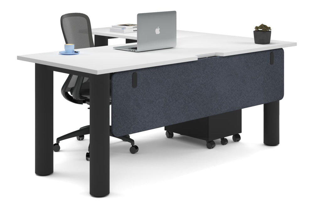 Quadro Cylinder Leg - L Shaped Corner Office Desk  [1800L x 1800W with Cable Scallop]-black leg white dark grey acoustic modesty panel (350H x 1600W)