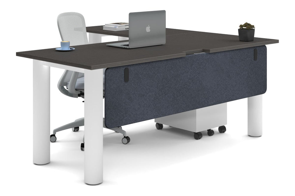 Quadro Cylinder Leg - L Shaped Corner Office Desk  [1800L x 1800W with Cable Scallop]-white leg dark oak dark grey acoustic modesty panel (350H x 1600W)