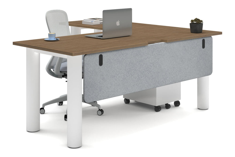 Quadro Cylinder Leg - L Shaped Corner Office Desk  [1800L x 1800W with Cable Scallop]-white leg salvage oak light grey acoustic modesty panel (350H x 1600W)
