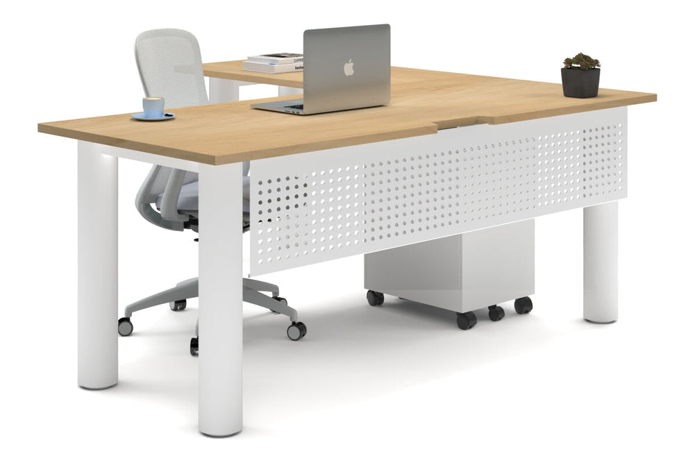 Quadro Cylinder Leg - L Shaped Corner Office Desk  [1800L x 1800W with Cable Scallop]-white leg maple metal modesty panel