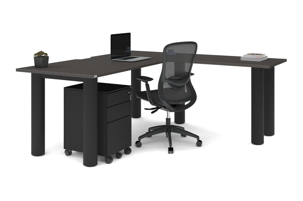 Quadro Cylinder Leg - L Shaped Corner Office Desk  [1800L x 1800W with Cable Scallop]-black leg dark oak metal modesty panel