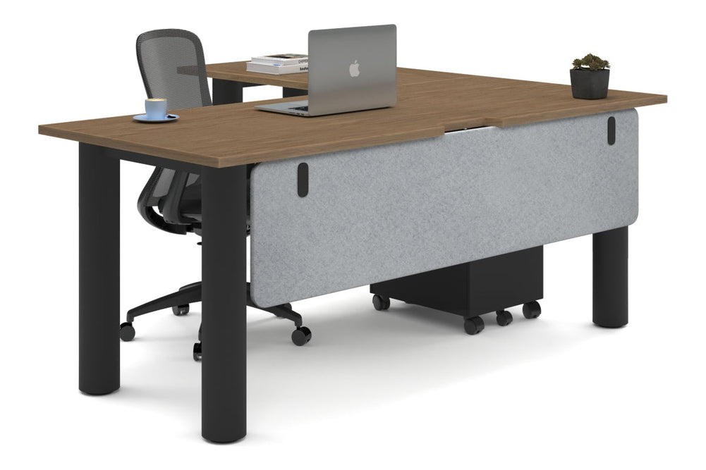 Quadro Cylinder Leg - L Shaped Corner Office Desk  [1800L x 1800W with Cable Scallop]-black leg salvage oak light grey acoustic modesty panel (350H x 1600W)