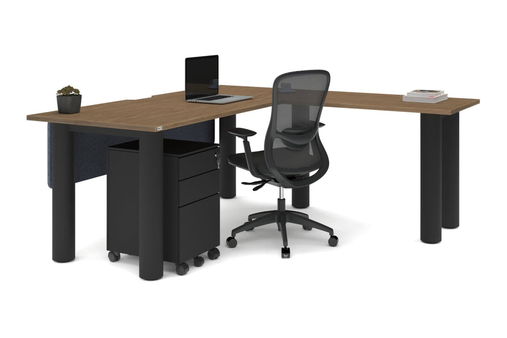 Quadro Cylinder Leg - L Shaped Corner Office Desk  [1800L x 1800W with Cable Scallop]-black leg dark oak metal modesty panel