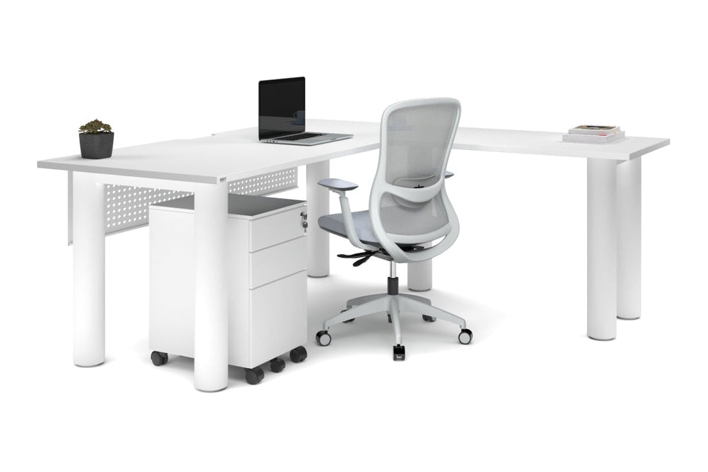 Quadro Cylinder Leg - L Shaped Corner Office Desk  [1800L x 1800W with Cable Scallop]-black leg dark oak metal modesty panel