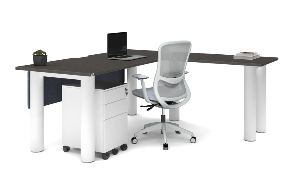 Quadro Cylinder Leg - L Shaped Corner Office Desk  [1800L x 1800W with Cable Scallop]-black leg dark oak metal modesty panel