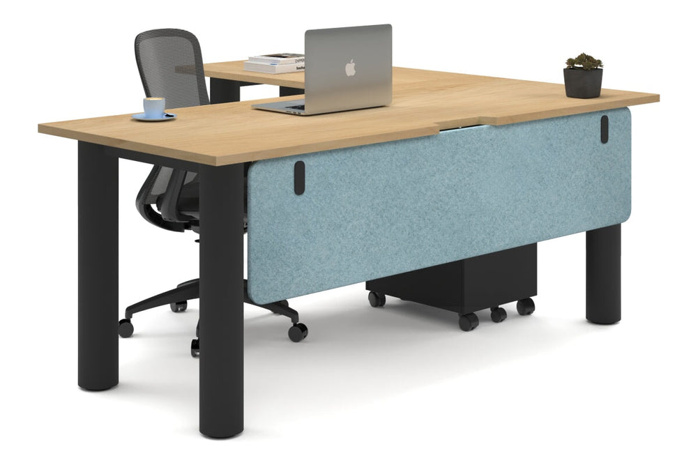 Quadro Cylinder Leg - L Shaped Corner Office Desk  [1800L x 1800W with Cable Scallop]-black leg maple blue acoustic modesty panel (350H x 1600W)