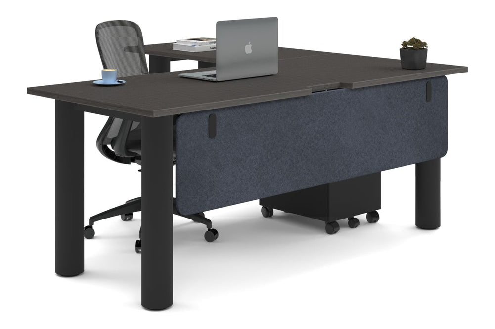 Quadro Cylinder Leg - L Shaped Corner Office Desk  [1800L x 1800W with Cable Scallop]-black leg dark oak dark grey acoustic modesty panel (350H x 1600W)