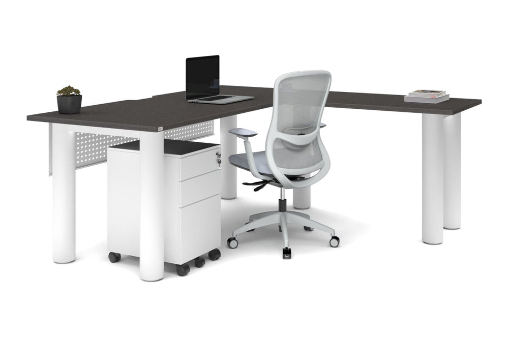 Quadro Cylinder Leg - L Shaped Corner Office Desk  [1800L x 1800W with Cable Scallop]-black leg dark oak metal modesty panel