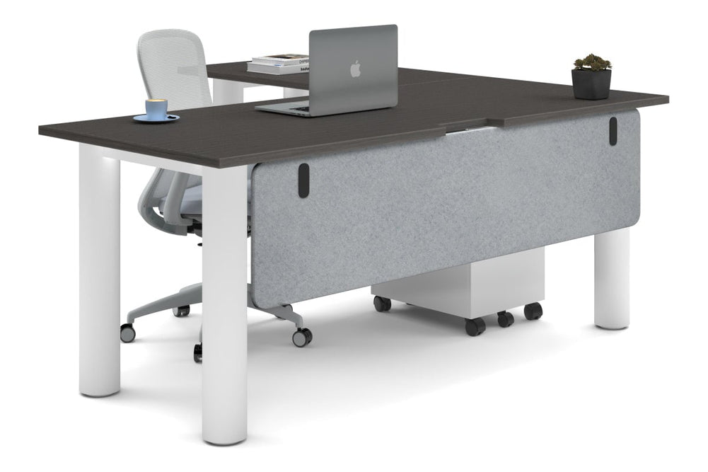 Quadro Cylinder Leg - L Shaped Corner Office Desk  [1800L x 1800W with Cable Scallop]-white leg dark oak light grey acoustic modesty panel (350H x 1600W)