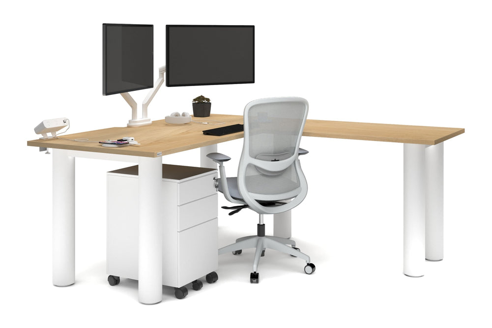 Quadro Cylinder Leg - L Shaped Corner Office Desk  [1800L x 1800W with Cable Scallop]-white leg maple none